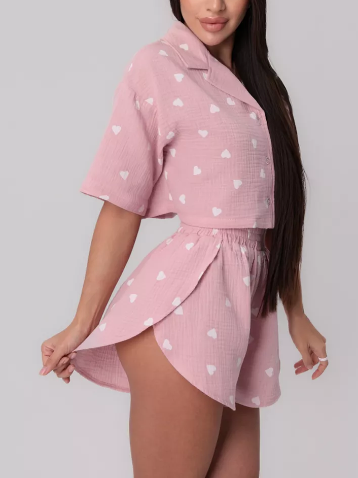 Heart Lapel Shirt Shorts Pajamas