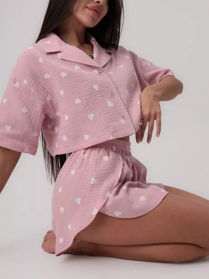 Heart Lapel Shirt Shorts Pajamas