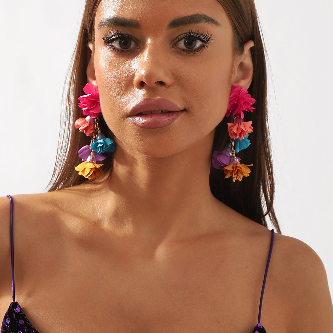 Ethnic colorful flower tassel earrings