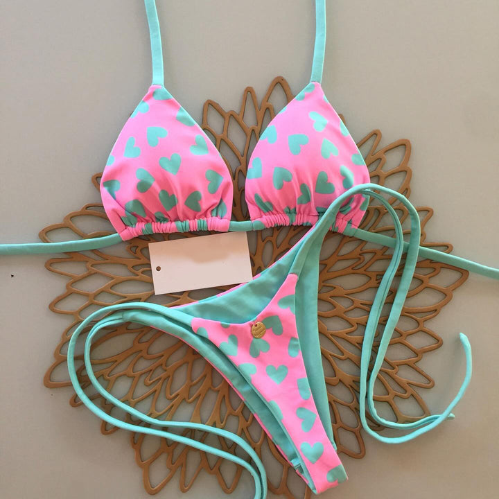 Contrast color heart strap bikini