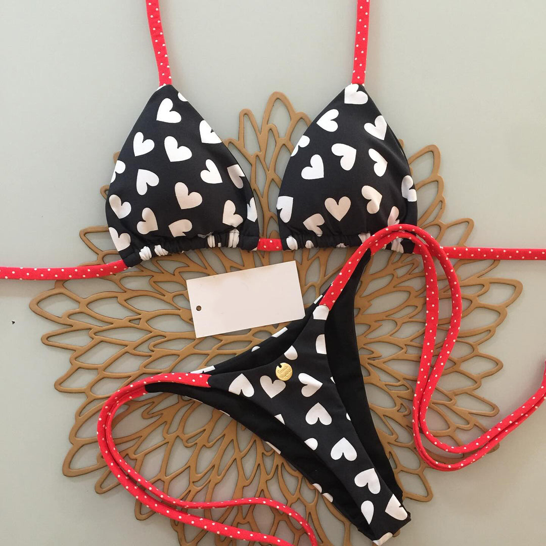 Contrast color heart strap bikini