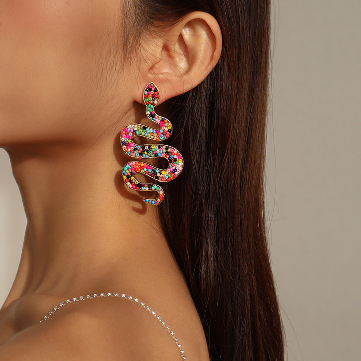 Rhinestone three-dimensional snake earrings