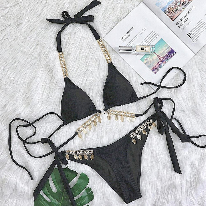 Vacation sexy chain strap push-up split swimsuit