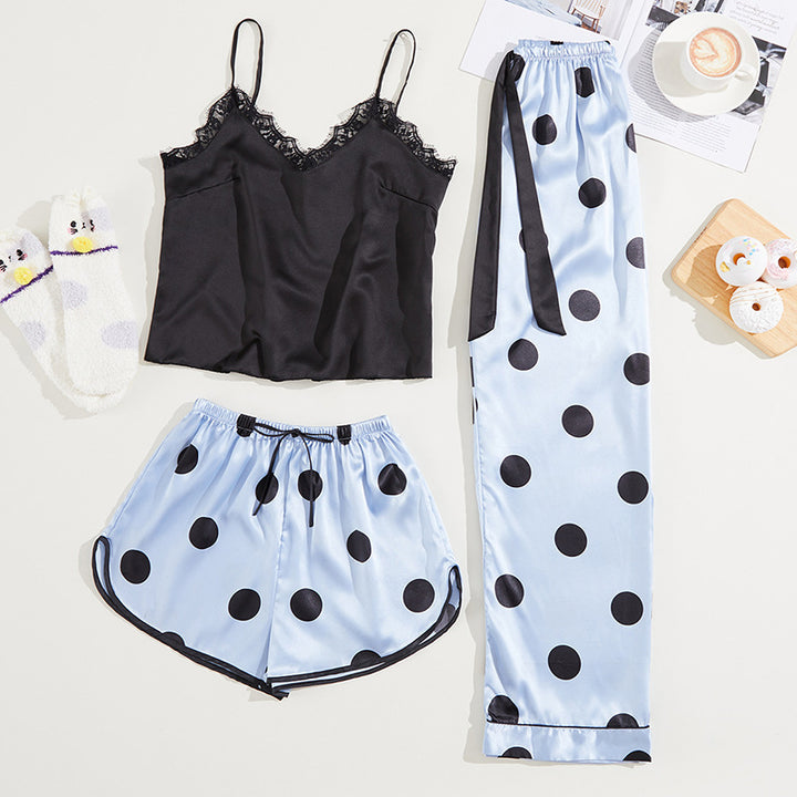 Ice Silk Sling Loose Polka Dot Pajamas Three-Piece Set