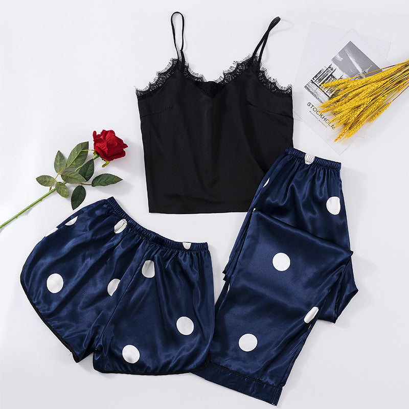 Ice Silk Sling Loose Polka Dot Pajamas Three-Piece Set