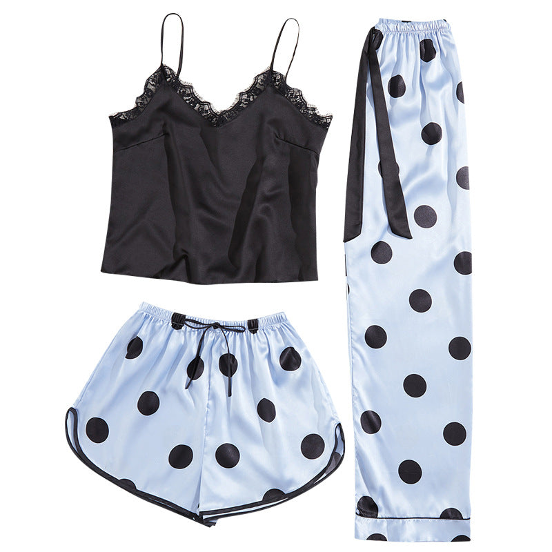 Ice Silk Sling Loose Polka Dot Pajamas Three-Piece Set