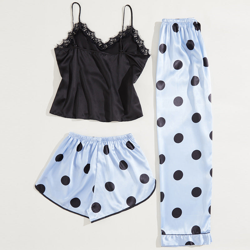 Ice Silk Sling Loose Polka Dot Pajamas Three-Piece Set