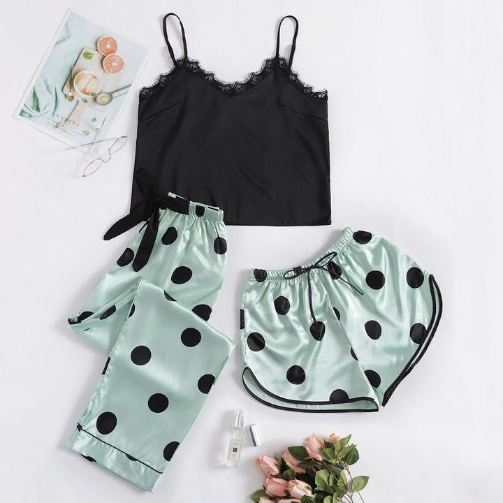 Ice Silk Sling Loose Polka Dot Pajamas Three-Piece Set