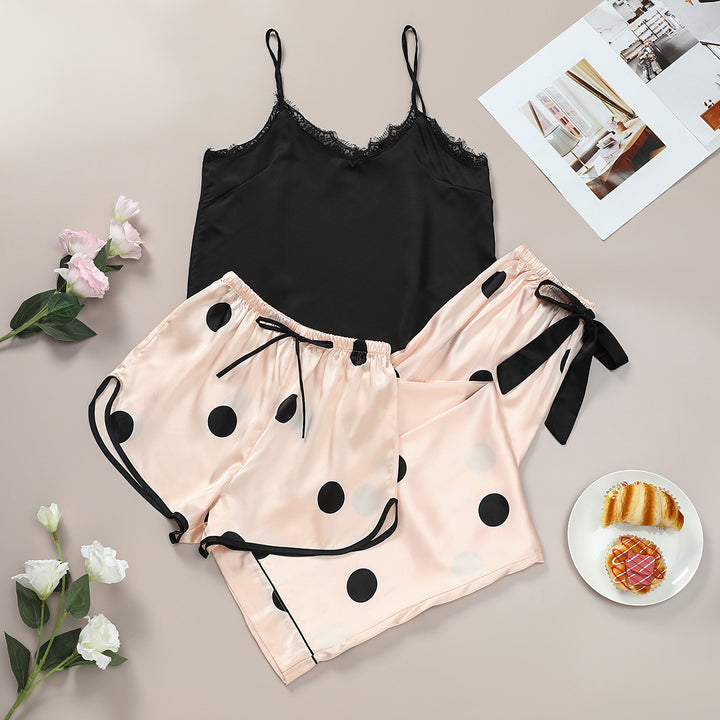 Ice Silk Sling Loose Polka Dot Pajamas Three-Piece Set