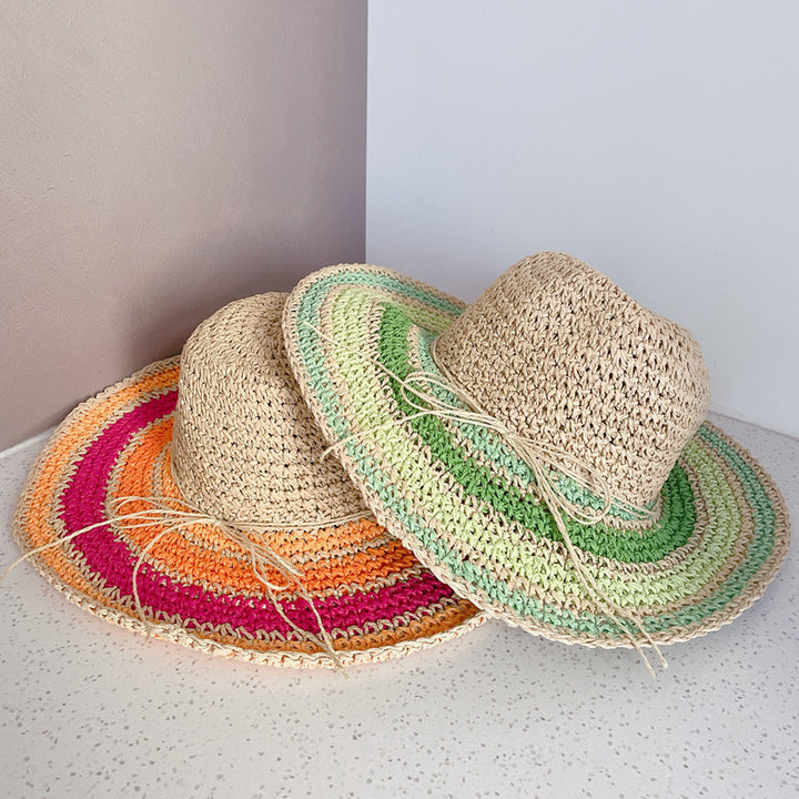 Summer Women's Hollow Sunscreen Big Brim Hat Seaside Hyuna Style Colorful Breathable Straw Hat