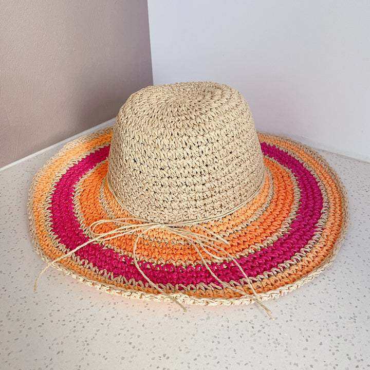 Summer Women's Hollow Sunscreen Big Brim Hat Seaside Hyuna Style Colorful Breathable Straw Hat