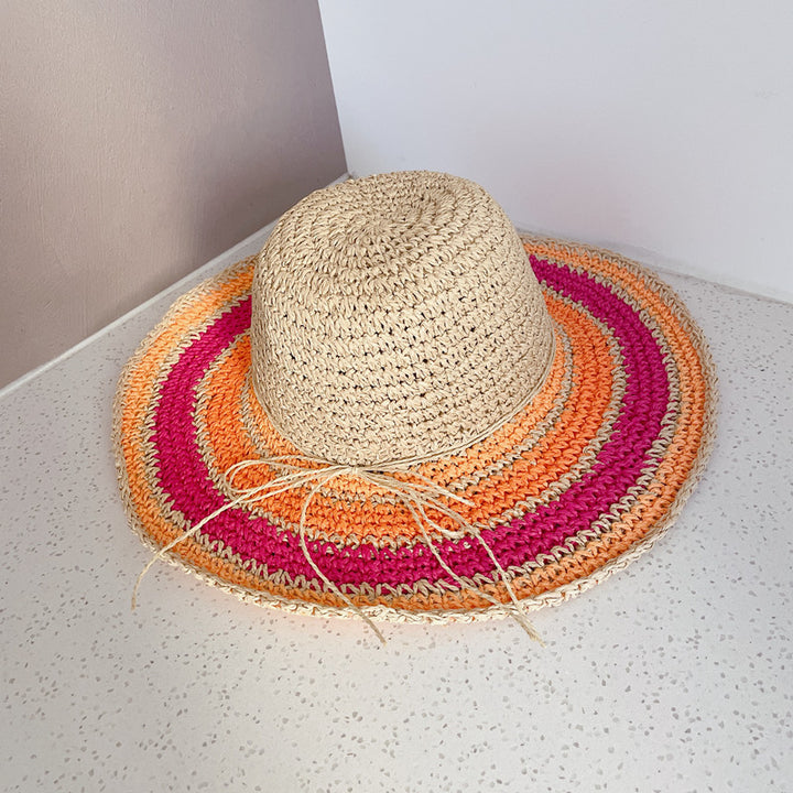 Summer Women's Hollow Sunscreen Big Brim Hat Seaside Hyuna Style Colorful Breathable Straw Hat