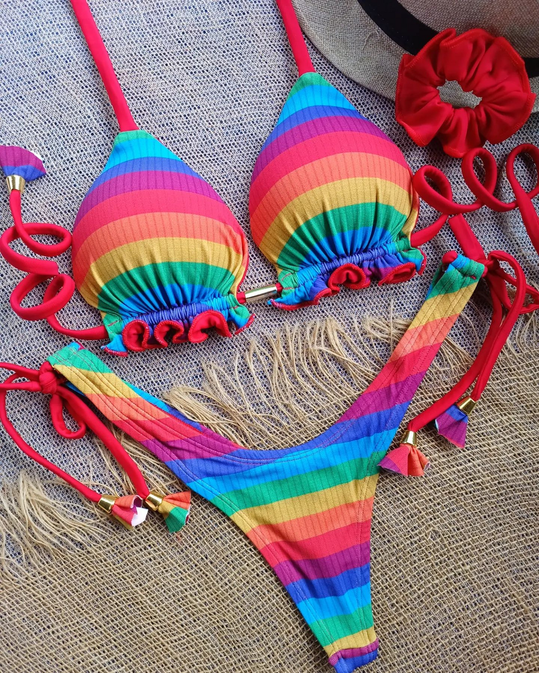 Rainbow Stripe Two-Piece Fringe Swimsuit