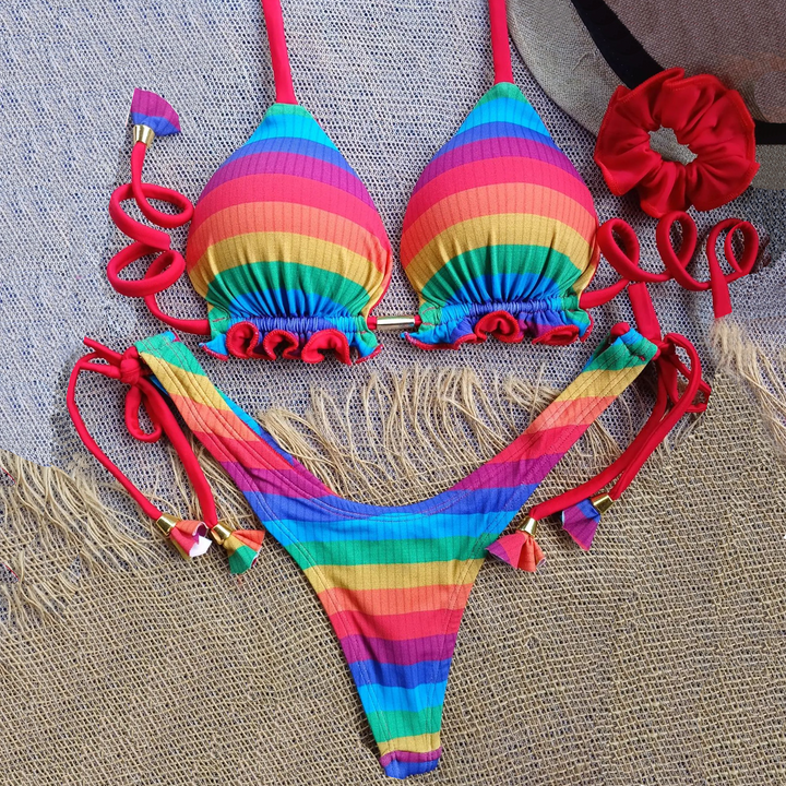 Rainbow Stripe Two-Piece Fringe Swimsuit