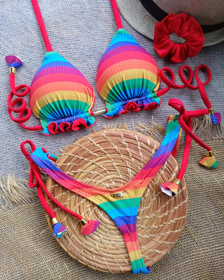 Rainbow Stripe Two-Piece Fringe Swimsuit