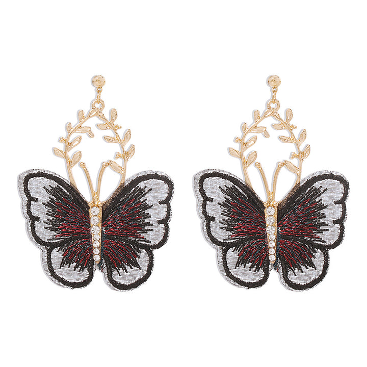 Creative antique style embroidered butterfly earrings, super fairy temperament alloy lace earrings