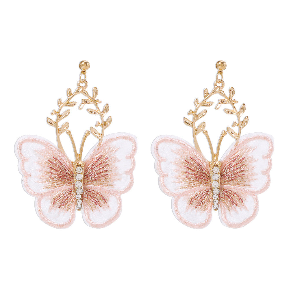 Creative antique style embroidered butterfly earrings, super fairy temperament alloy lace earrings