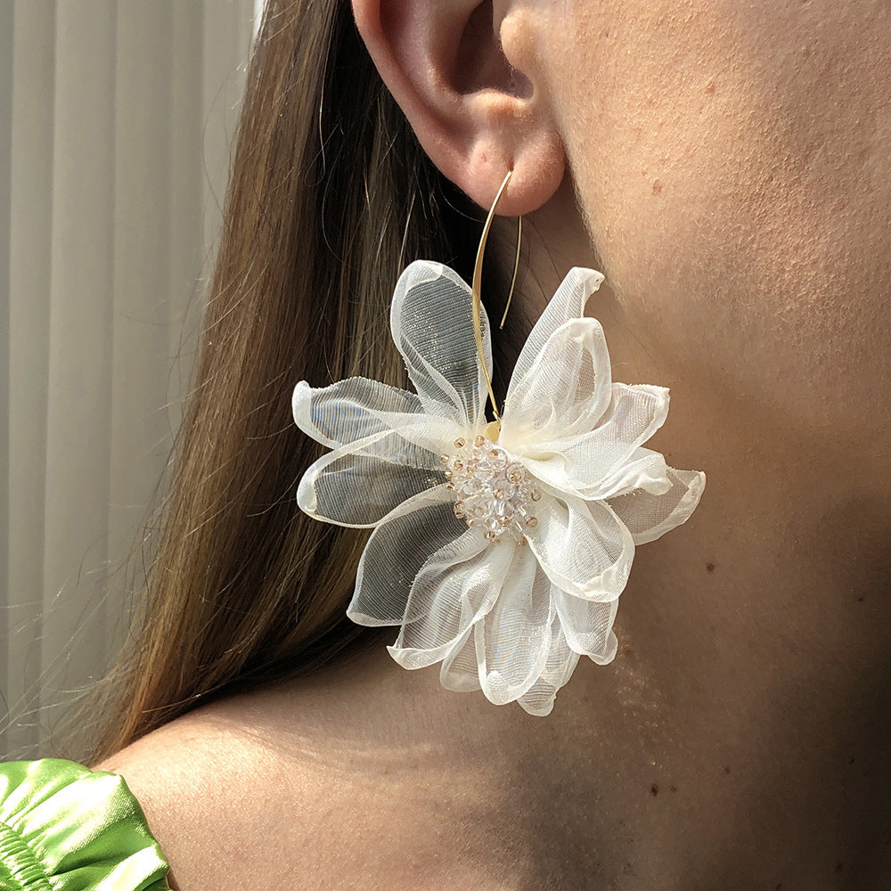 Holiday style fairy fabric large petal flower earrings