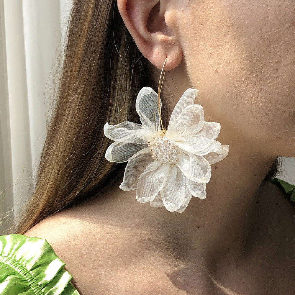 Holiday style fairy fabric large petal flower earrings