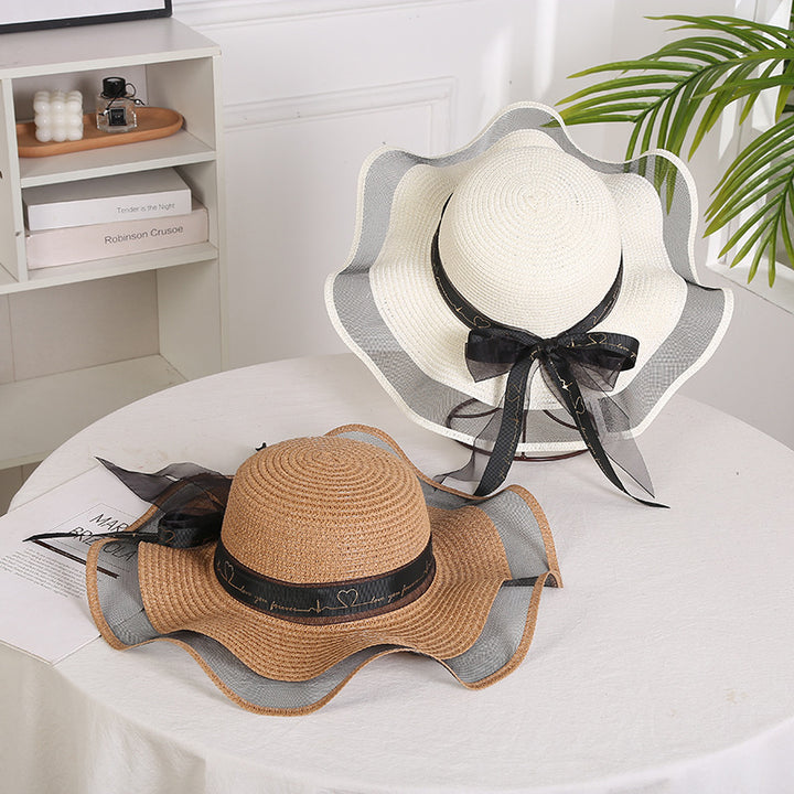 Mesh-trimmed outdoor large-brimmed sunhat