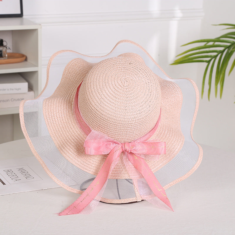 Mesh-trimmed outdoor large-brimmed sunhat