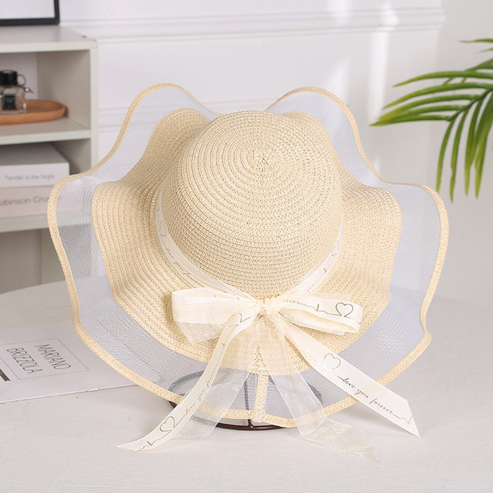 Mesh-trimmed outdoor large-brimmed sunhat