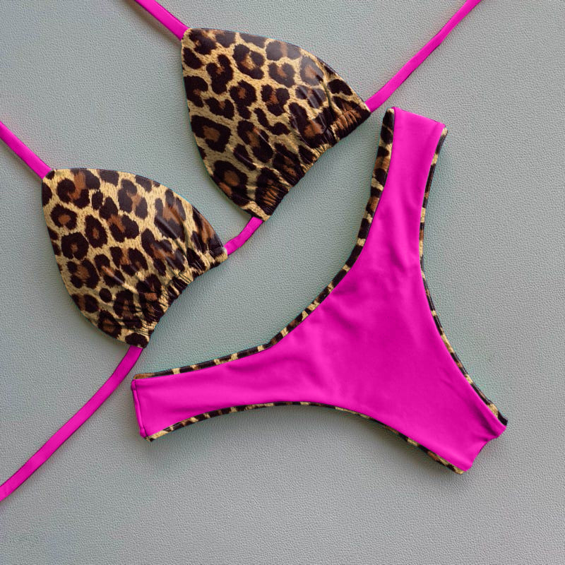 Leopard-print color-block bikini set