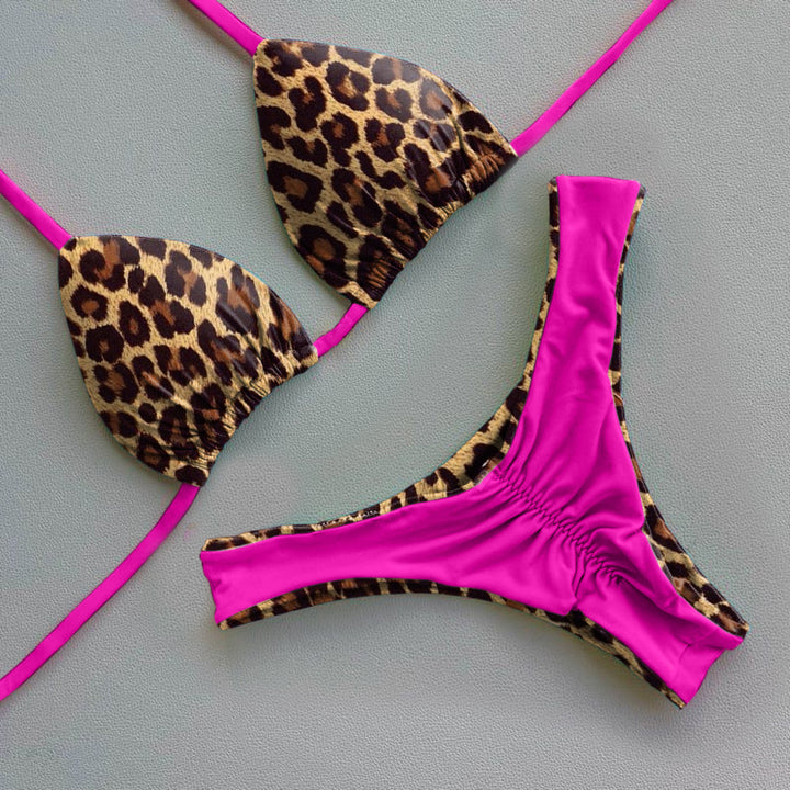 Leopard-print color-block bikini set