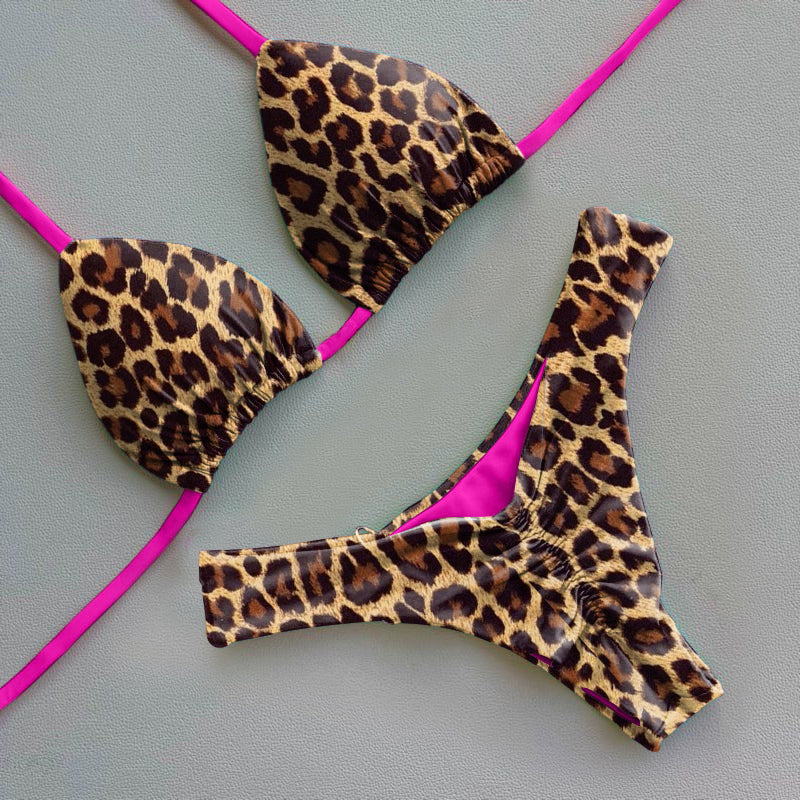 Leopard-print color-block bikini set