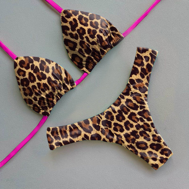 Leopard-print color-block bikini set