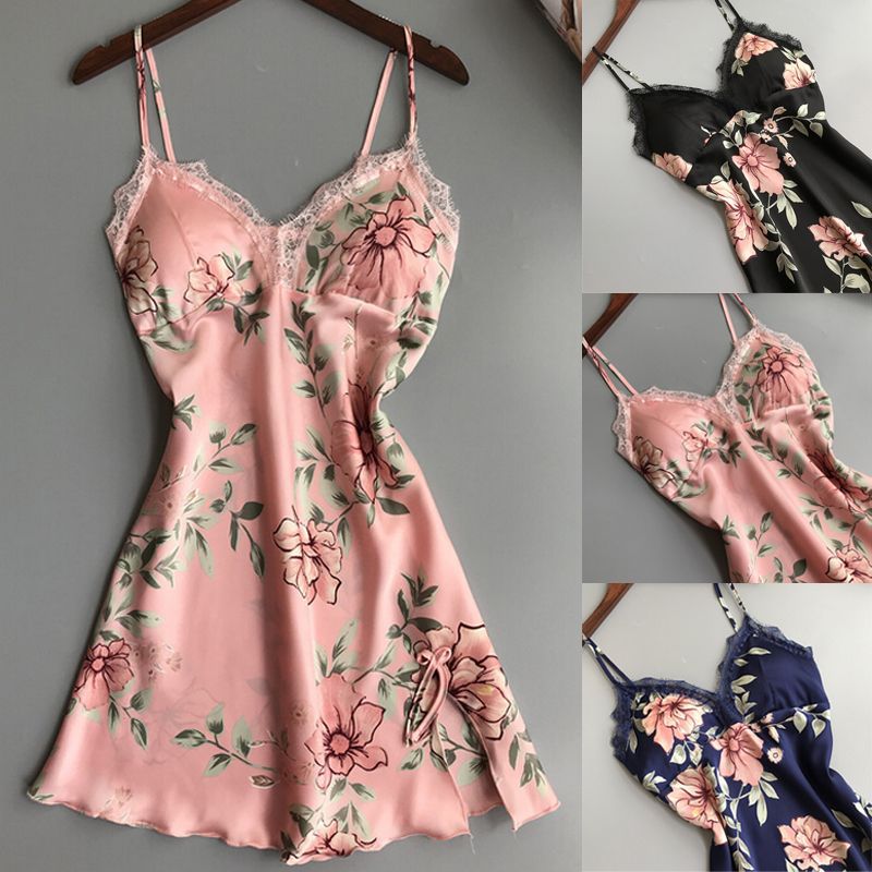 Ice silk halter strap sexy lace print nightdress