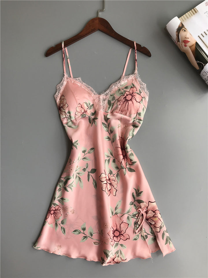 Ice silk halter strap sexy lace print nightdress