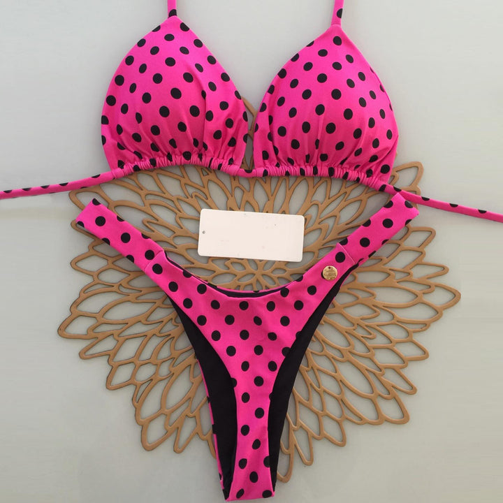 Solid color split suspender polka dot bikini swimsuit