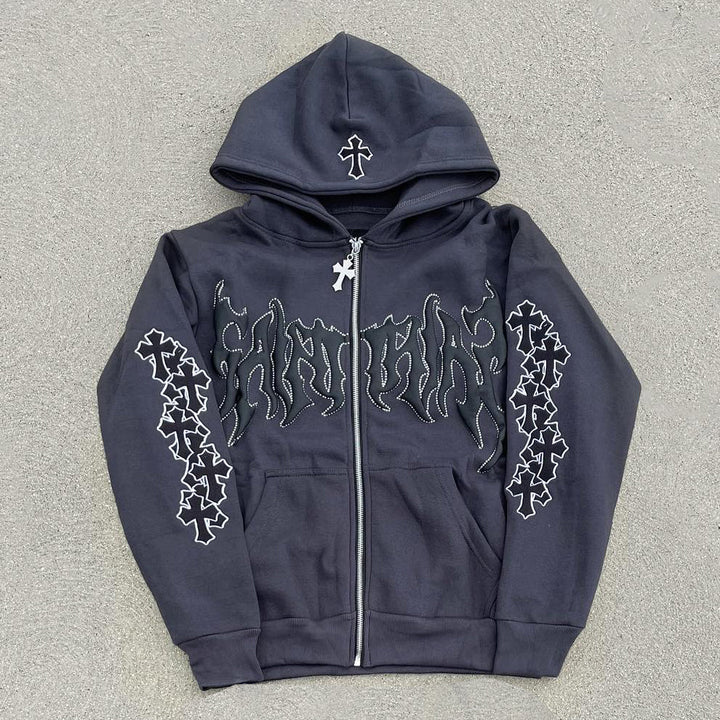 Casual Character Printed Cross Zip Hoodie