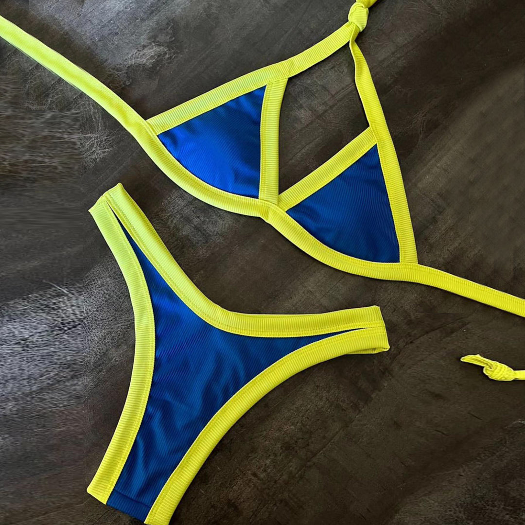 Stylish contrasting color split suspender bikini