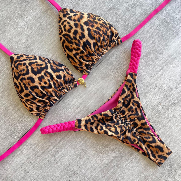 Leopard print contrast sexy suspender bikini