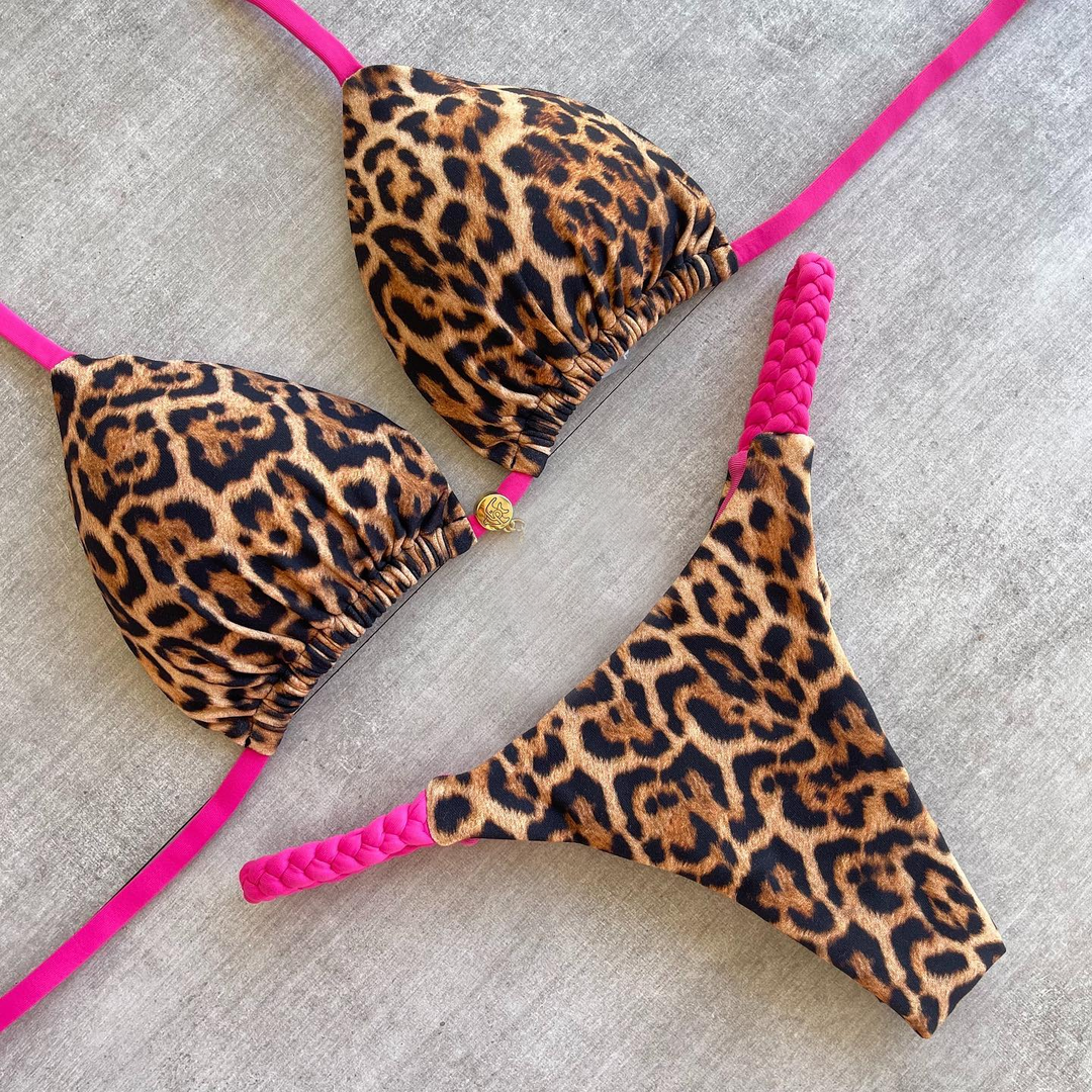 Leopard print contrast sexy suspender bikini