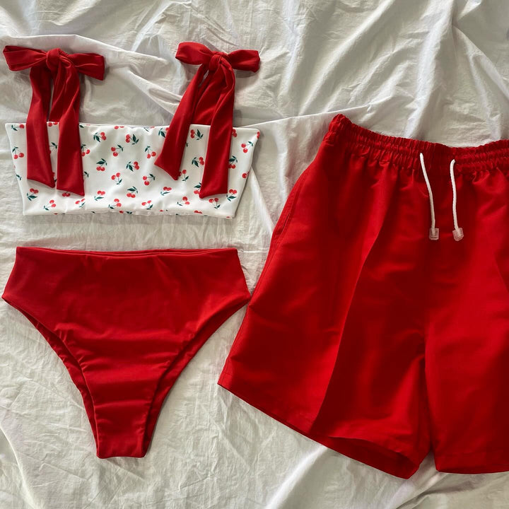 Fashion holiday style cherry bikini swim trunks suit for men and women