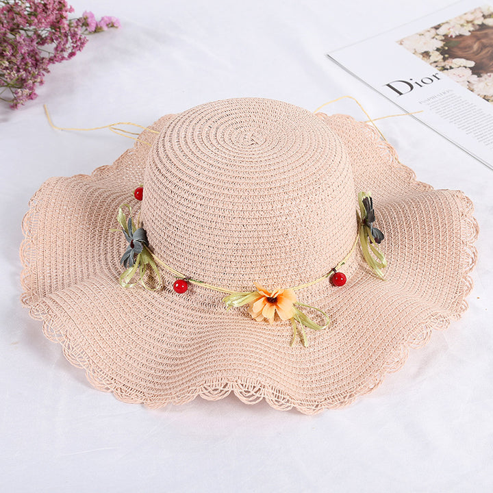 Wave-brimmed Sweet Straw Hat Women's Garland Braided Sun Hat