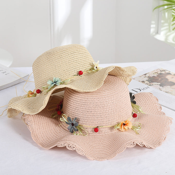 Wave-brimmed Sweet Straw Hat Women's Garland Braided Sun Hat