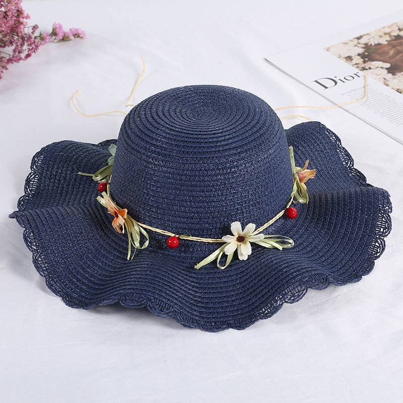 Wave-brimmed Sweet Straw Hat Women's Garland Braided Sun Hat