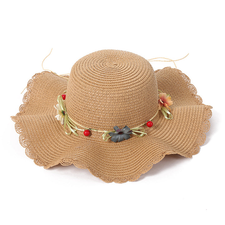 Wave-brimmed Sweet Straw Hat Women's Garland Braided Sun Hat