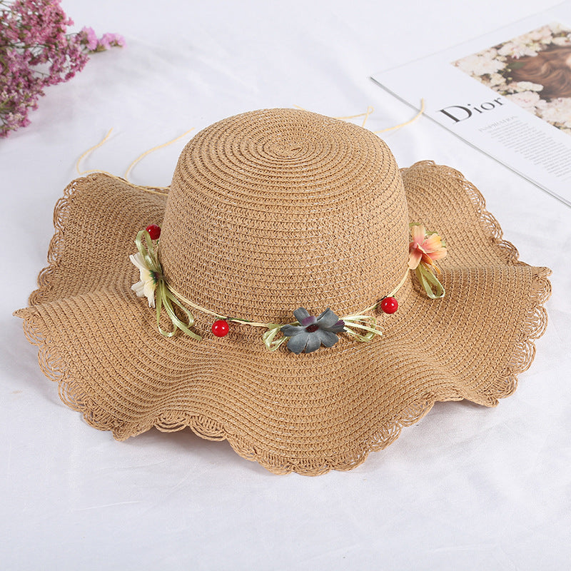 Wave-brimmed Sweet Straw Hat Women's Garland Braided Sun Hat