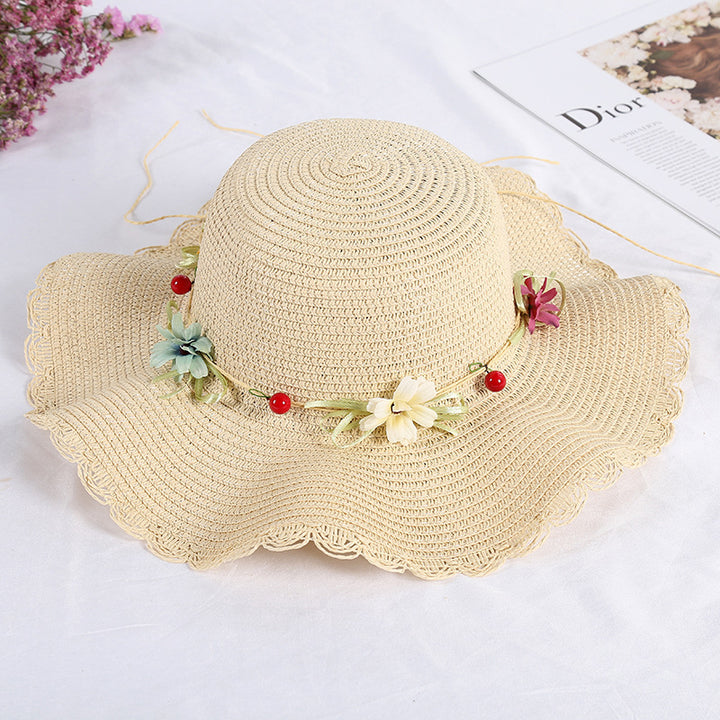 Wave-brimmed Sweet Straw Hat Women's Garland Braided Sun Hat