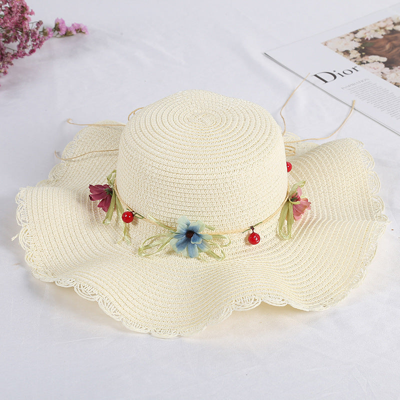 Wave-brimmed Sweet Straw Hat Women's Garland Braided Sun Hat