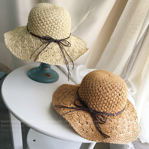 Korean hand-woven women's straw hat with large brim folding beach hat