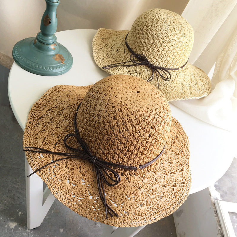 Korean hand-woven women's straw hat with large brim folding beach hat