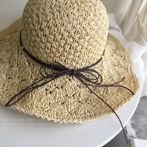 Korean hand-woven women's straw hat with large brim folding beach hat