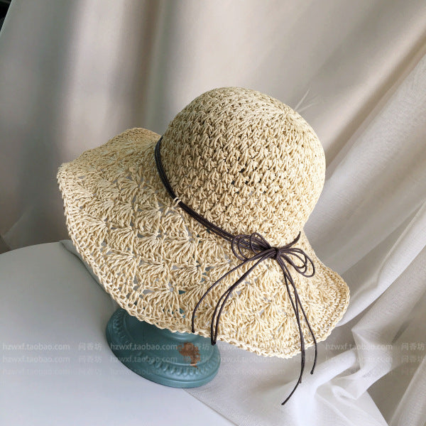 Korean hand-woven women's straw hat with large brim folding beach hat