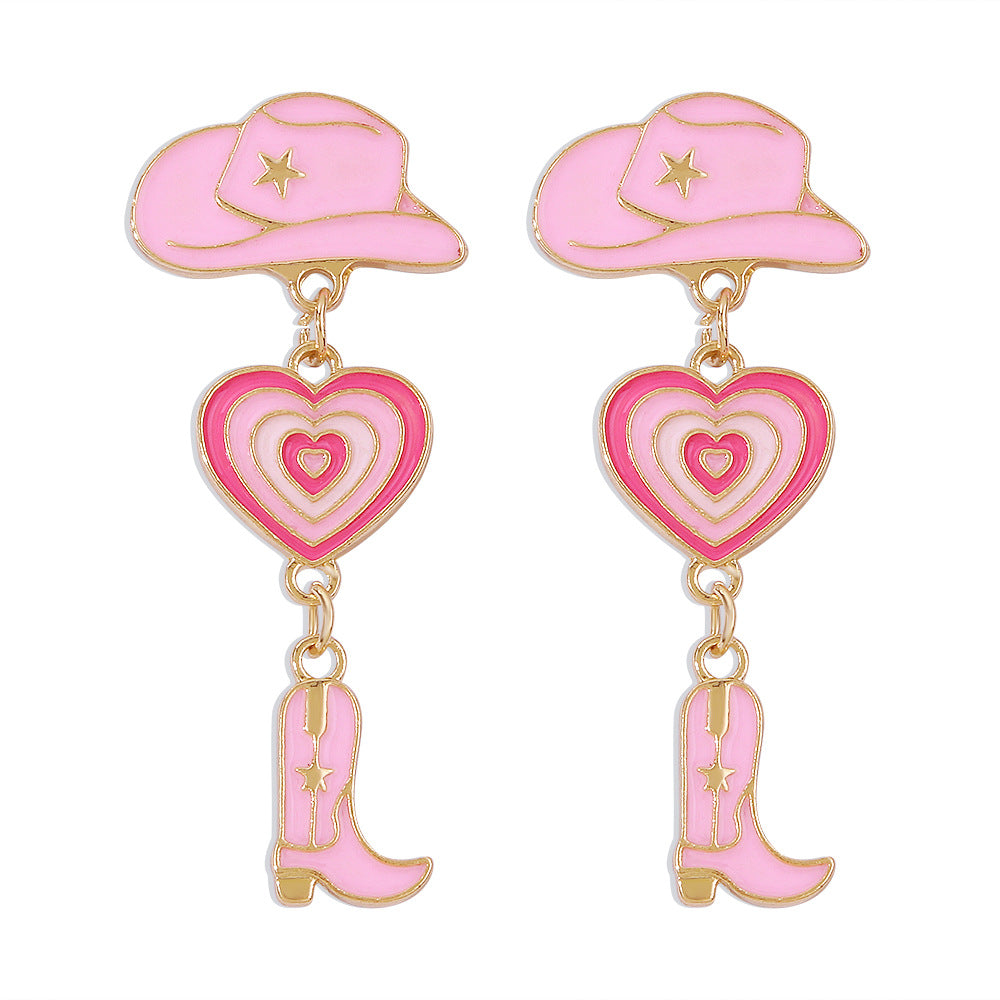 Modern fashionable girl earrings hat love cowboy boots dripping oil multi-layer earrings